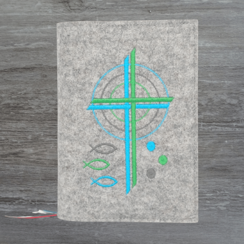 Wosadnikhülle in hellgrau meliert, Kreuze, Kreise, Fische, Punkte